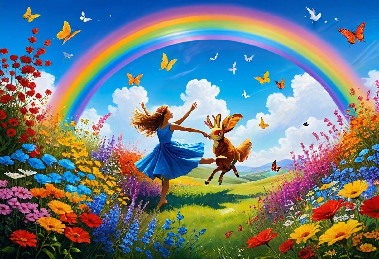 A colorful and enchanting scene depicting a person joyfully dancing in a sunlit meadow filled with whimsical flowers and floating bubbles. Surround them with playful animals like butterflies and rabbits, and include a rainbow arching across a bright blue sky. Encourage a sense of freedom and delight that embodies the inner whimsical spirit. vibrant colors. surrealism. whimsical art.