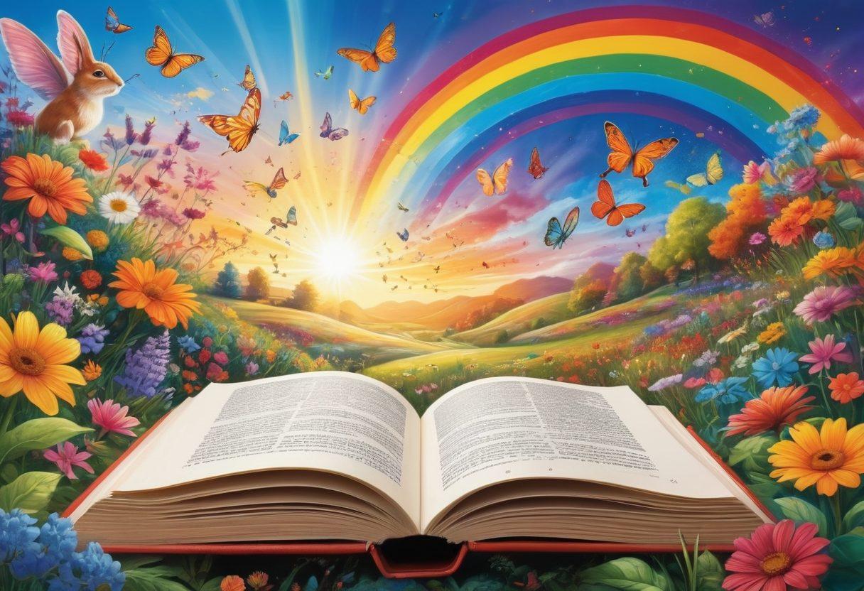 A whimsical scene featuring an open book with colorful doodles and playful characters springing from its pages, such as laughing animals and vibrant flowers dancing in the air. In the background, a bright sun shines down on a cheerful landscape filled with butterflies and a rainbow, symbolizing joy and creativity. The overall mood should be lighthearted and uplifting. cartoonish. vibrant colors. cheerful atmosphere.