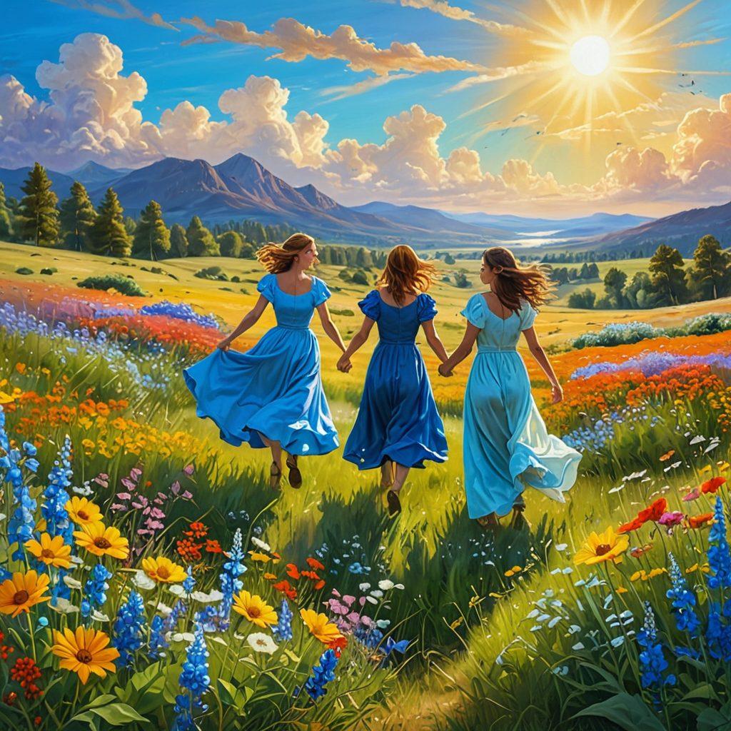 A serene landscape featuring a sun-drenched meadow filled with vibrant wildflowers, where a diverse group of joyful people is engaged in activities like dancing, painting, and playing, radiating warmth and positivity. In the background, a bright blue sky with fluffy clouds and a glowing sun symbolizes exuberance and carefree living. Emphasize cheerful expressions and bright colors to enhance the uplifting atmosphere. super-realistic. vibrant colors.